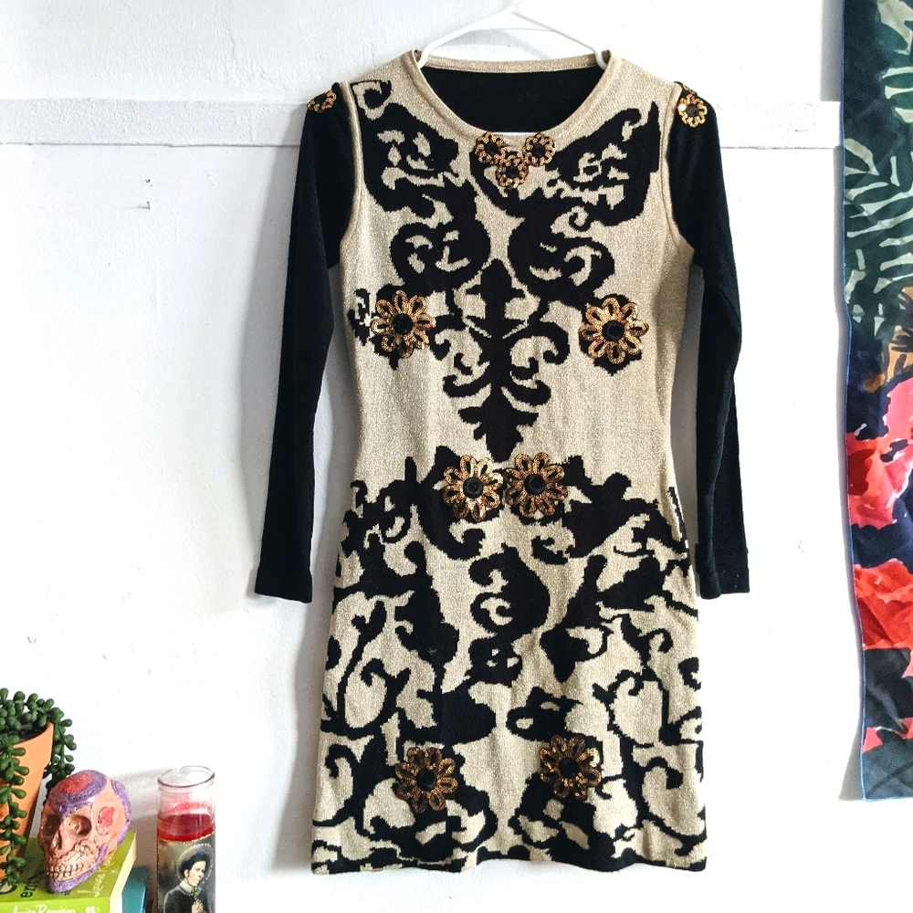 Vintage Black & Ivory Sequin Damask Sweater Dress